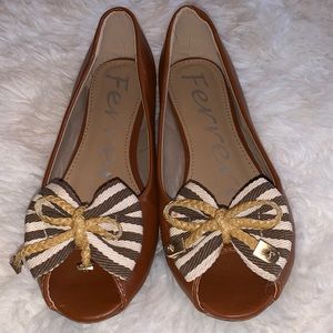Ferrera brown peep-toe flat with nautical striped bow. Size 37 or 6.5. New